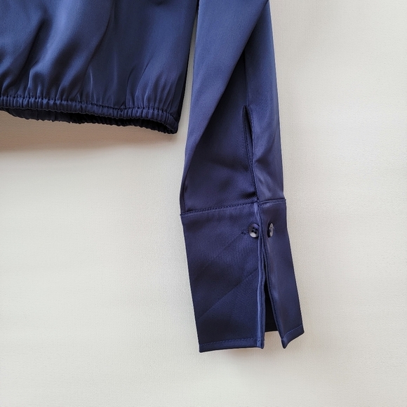 Good American Long Sleeve Stretch Satin Faux Wrap Top Womens XS Navy Blue French - Picture 15 of 16